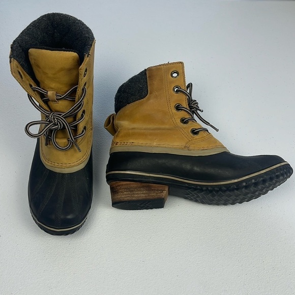 Sorel Slimpack II Boots Lace-up Waterproof Winter Duck Boots Black/Tan Leather - Picture 2 of 9